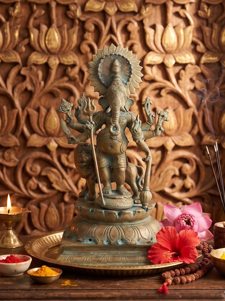 Left-side view of the Heramba Bronze Casting Trishul Ganesh Idol