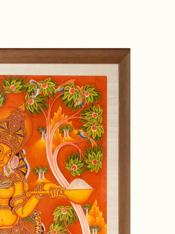 Side view of Annapoorneshwari Kerala Mural Painting showing the framed panel from an angle