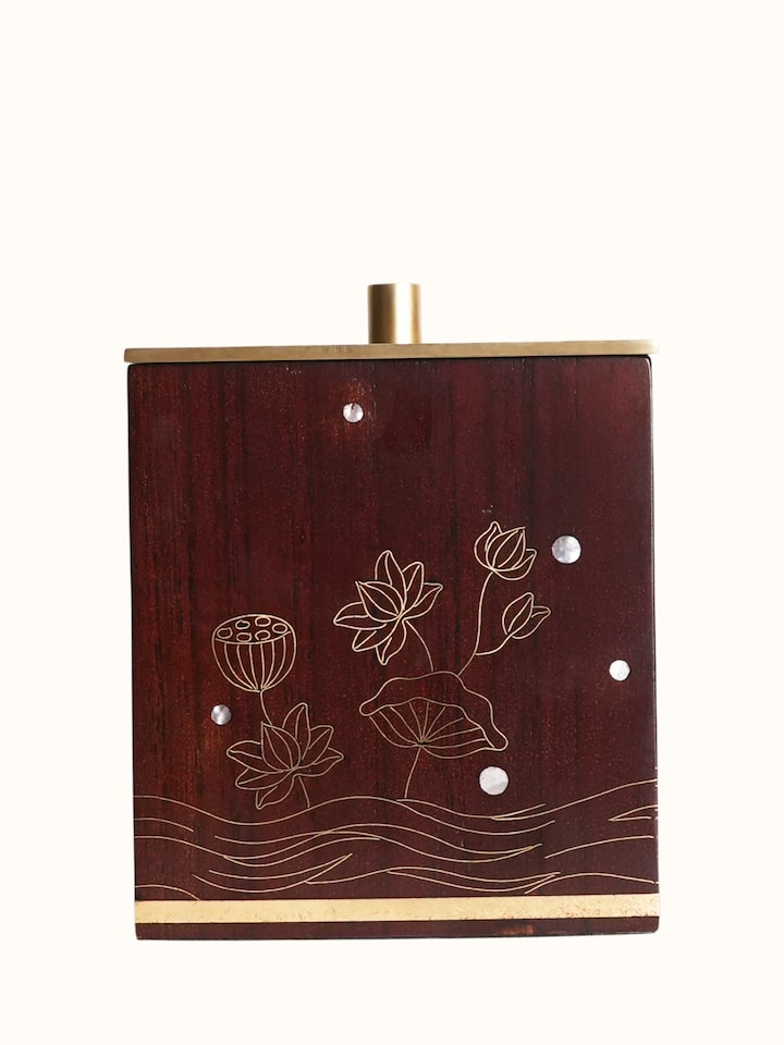 Back view of the Kamal Tarkashi Teak Wood Cotton Jar
