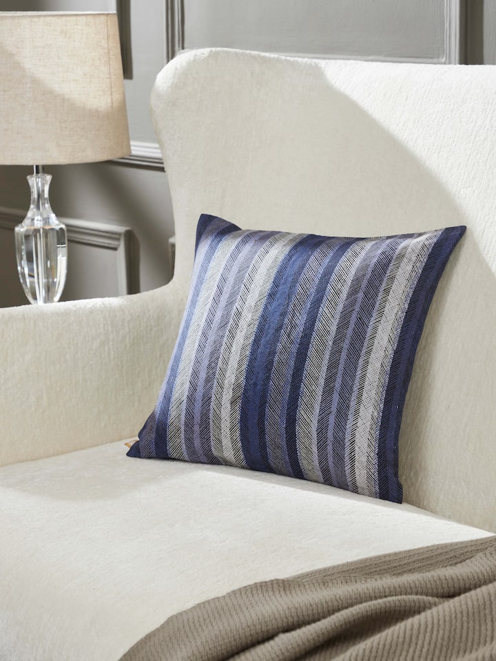Parvat Indigo Stripe Linen Cotton Sanganeri Block Printed Cushion Cover