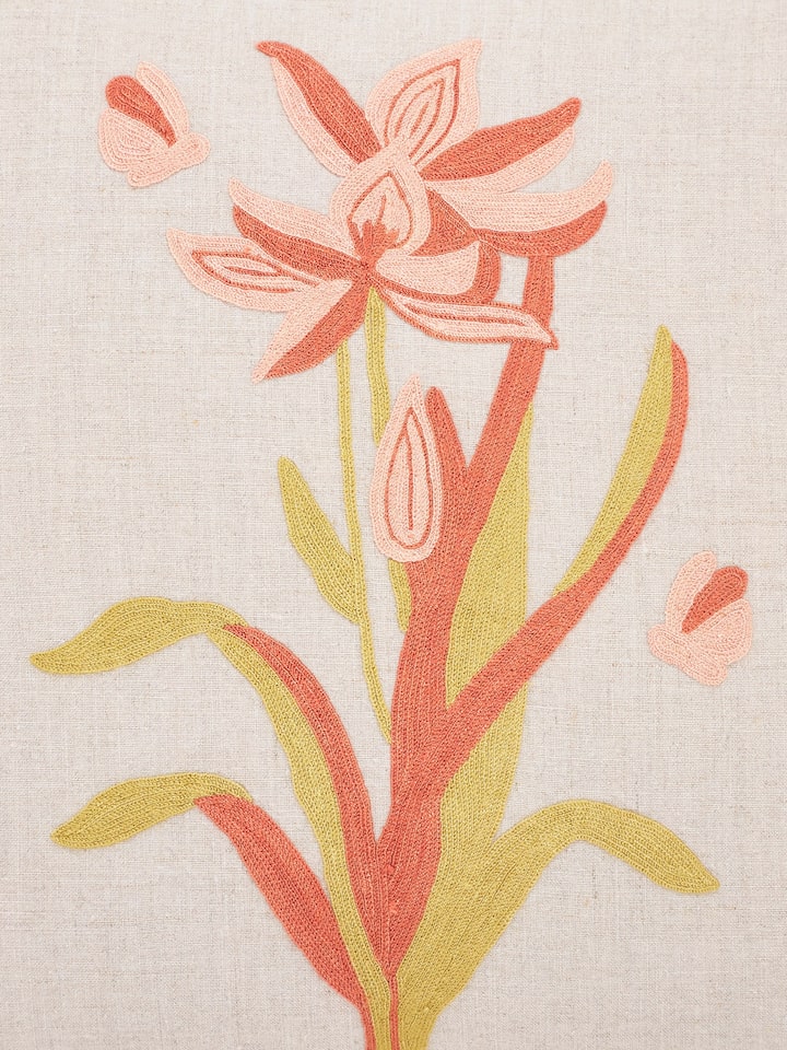 Mansur Peach Tulip Linen Kashmir Chain Stitch Hand Embroidery Cushion Cover