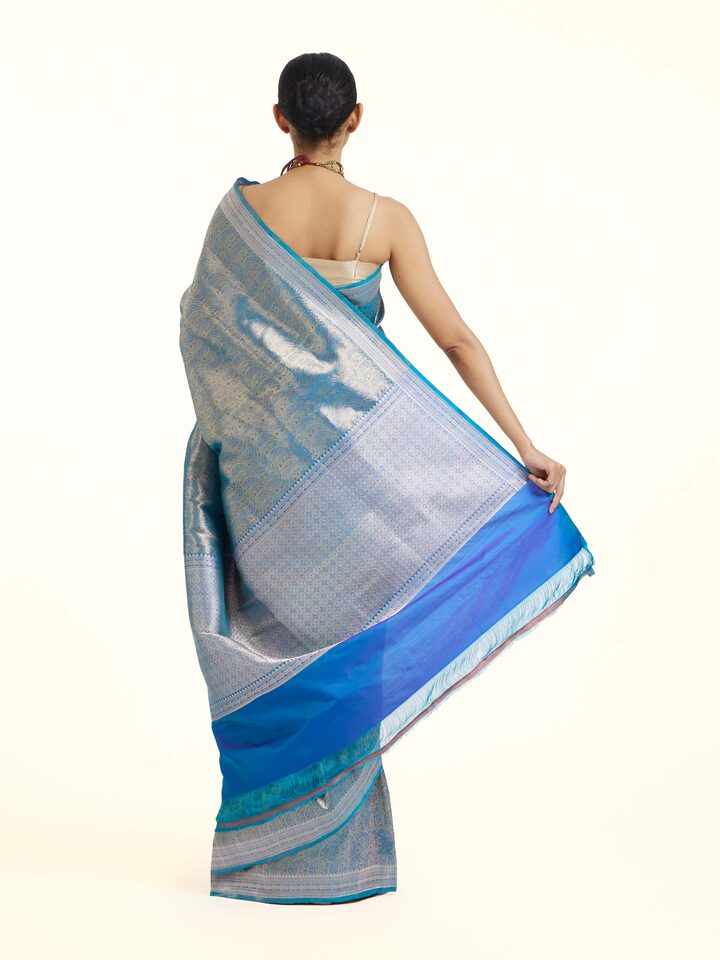Back view of Blue Banarasi Tissue Silk Saree emphasizing the overall design and fine details