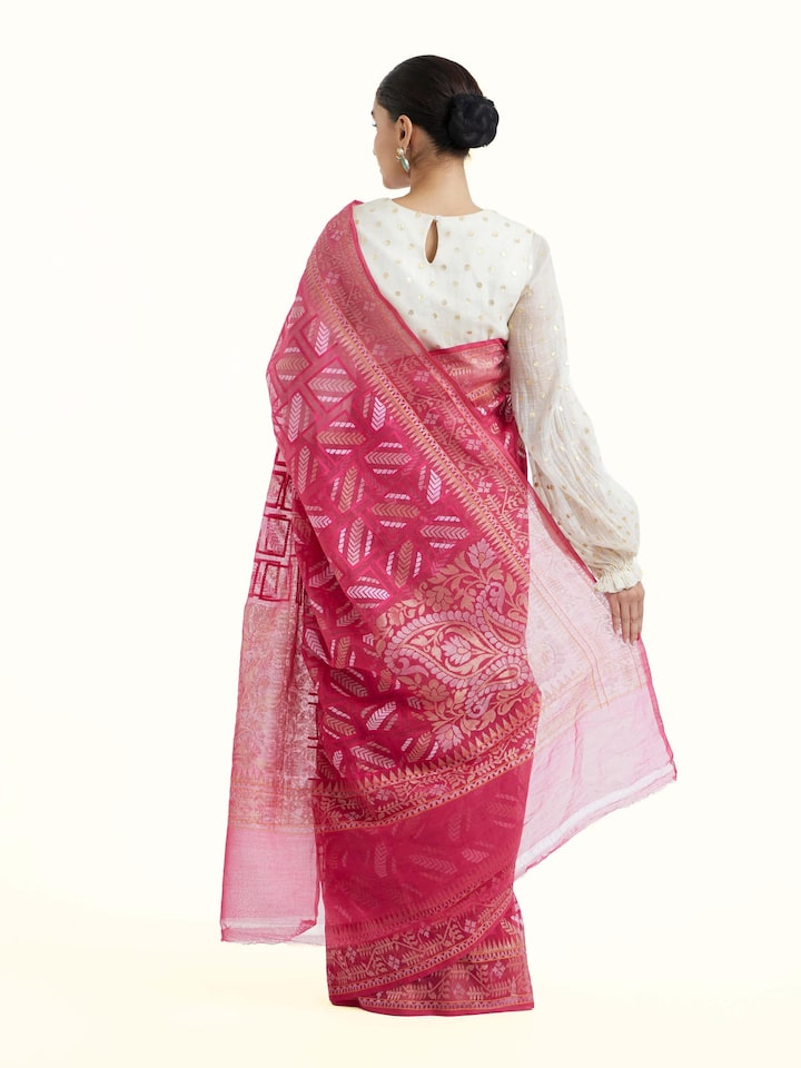 Back view of the Pink Cotton Awadh Jamdani Saree