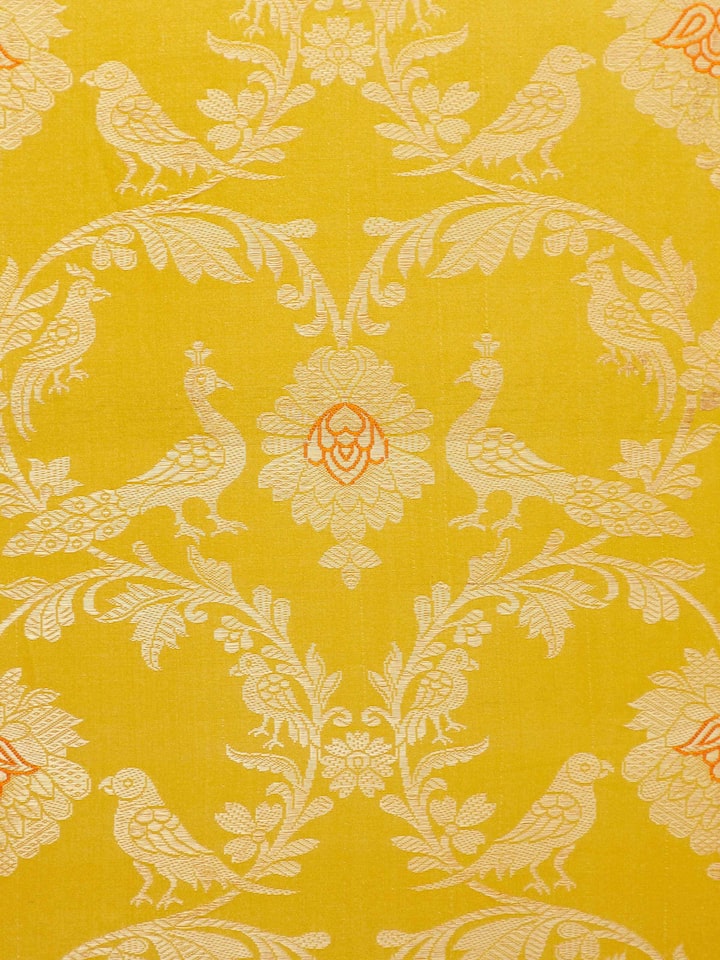 Detailed view of Awadh Yellow Jaal Banarasi Silk Cushion Cover, focusing on the fine Banarasi motifs and handloom texture.