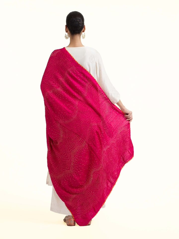 Back view of Pink Bandhani Tie & Dye Dupatta V emphasizing the overall design and fine details