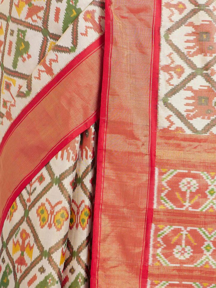 Detailed view of Multi Pochampally Ikat Silk Saree focusing on the fine craftsmanship and texture