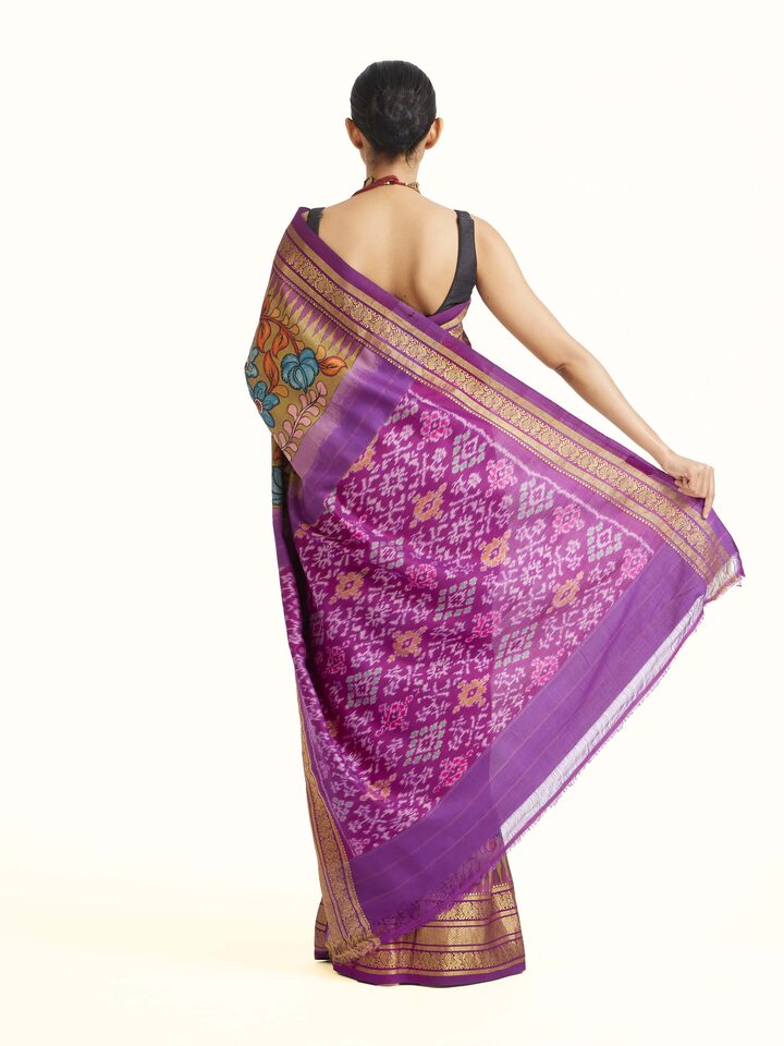 Back view of Purple Kalamkari Hand‑Painted Saree emphasizing the overall design and fine details
