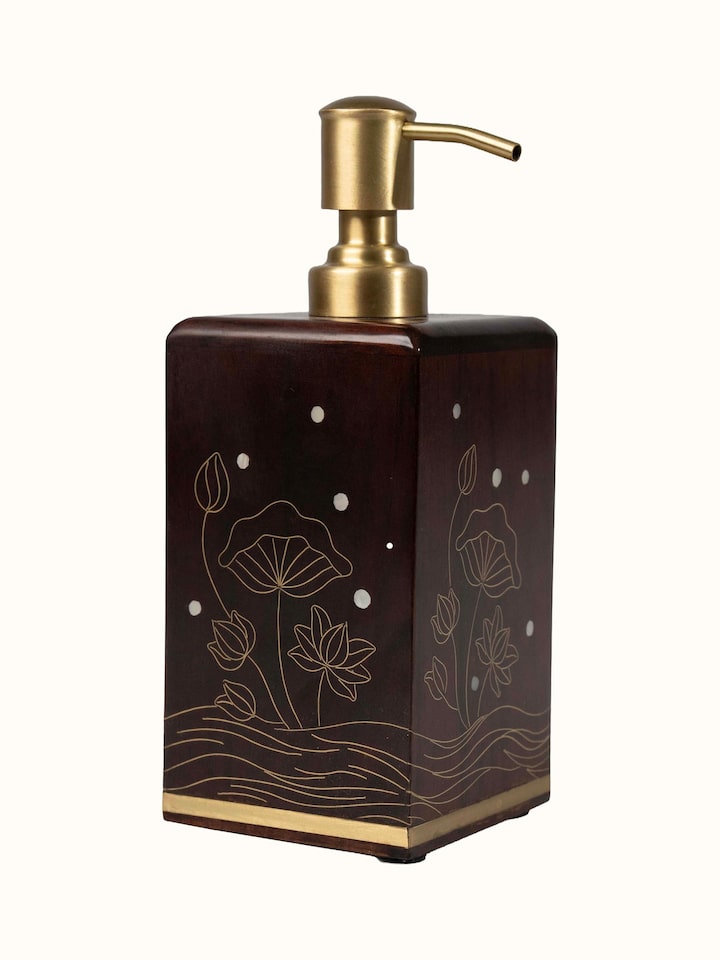Close-up view of Kamal Tarkashi Teak Wood Soap Dispenser highlighting the packaging label detail