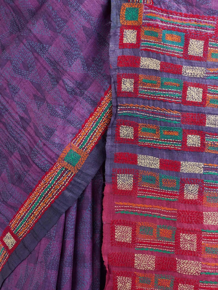 Draped detail view of the Purple Tussar Silk Discharge Block Printed Kantha Embroidered Saree