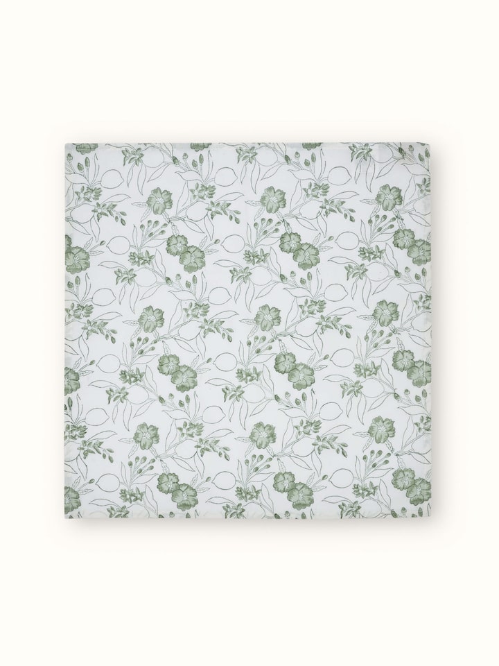Front view showcasing the green floral hand block print on cotton linen dinner napkins (6 pieces)