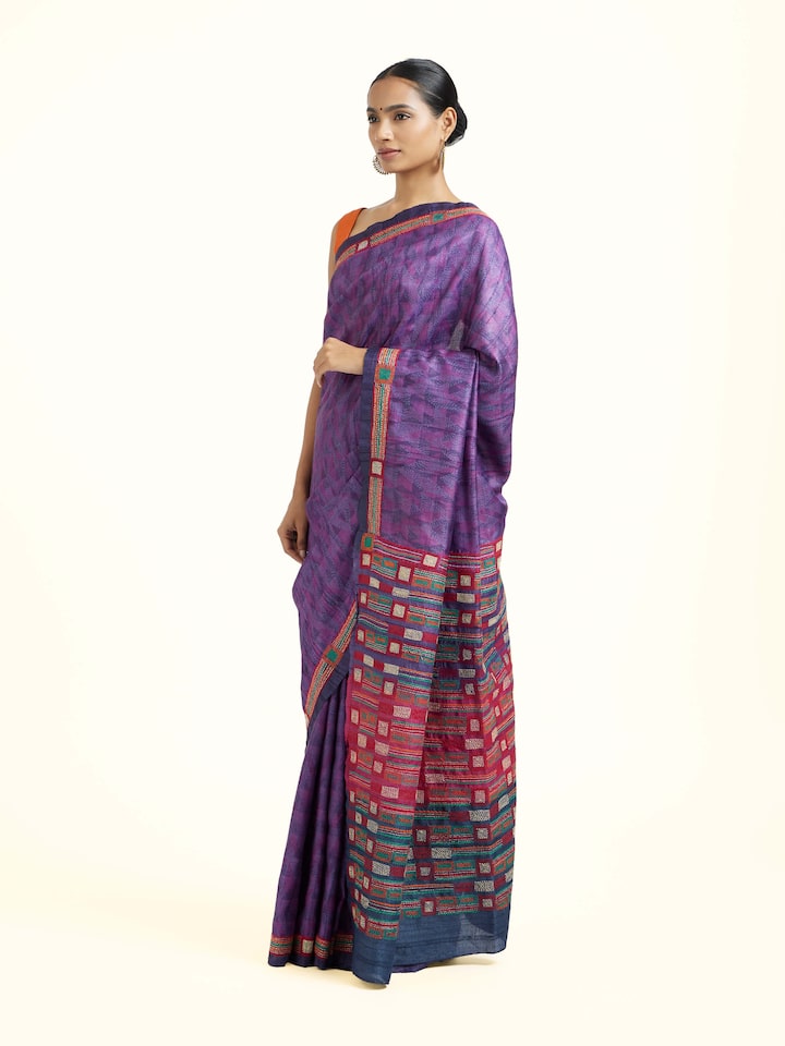 Side view of the Purple Tussar Silk Discharge Block Printed Kantha Embroidered Saree