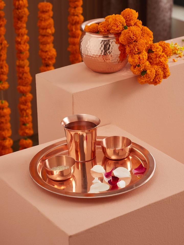 Side view of Polished Copperware Pooja Thali Set (4 pcs) highlighting its polished finish