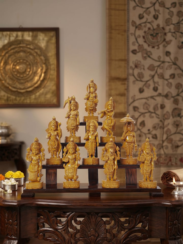 Styled view of Dashavatar Carved Shivani Wood Idol styled in a home setting