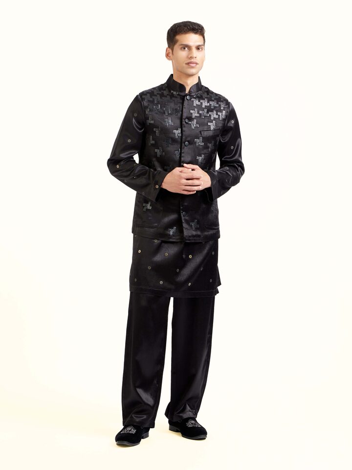 Front view of black hand embroidery ethnic jacket showcasing intricate hand embroidery