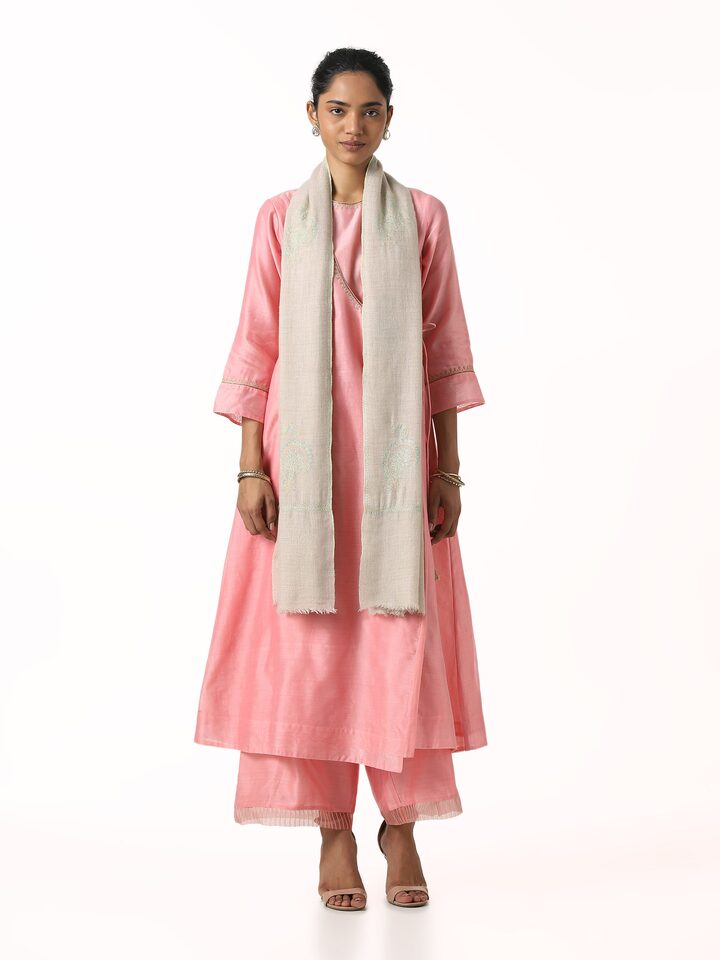 Front view of beige jalidar sozni embroidered stole with intricate hand embroidery