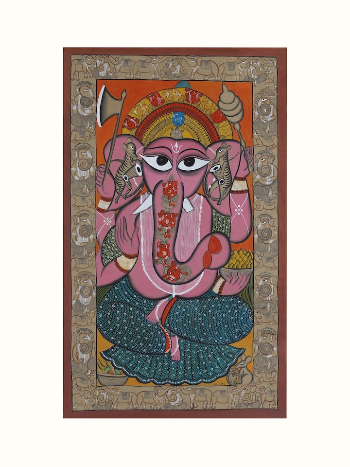 Ganesha Kalighat painting in traditional Indian folk art style – front view