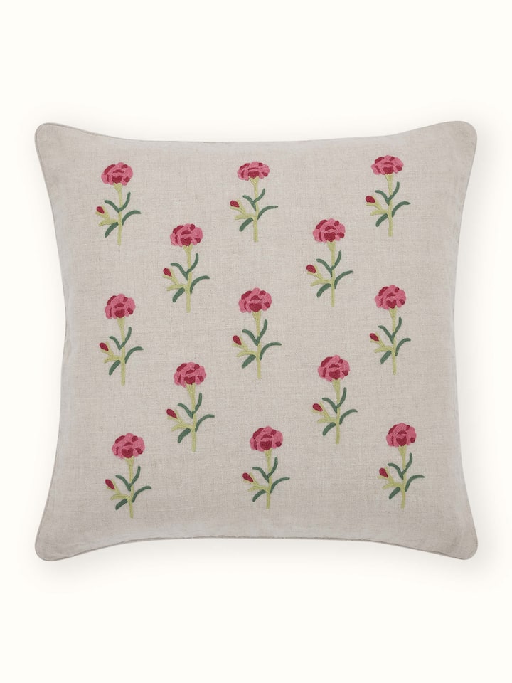Mughal Miniature Magenta Buti Linen Kashmir Chain Stitch Hand Embroidery Cushion Cover