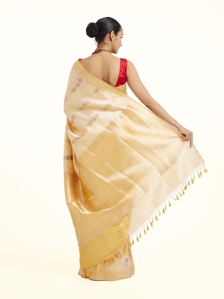 Back view of Yellow Banarasi Kadhwa Silk Saree emphasizing the overall design and fine details