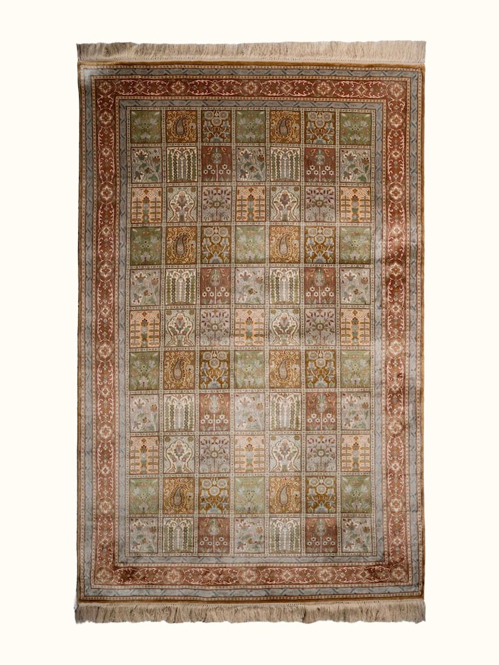 Front view of Traditional Persian Green Dabdar Kashmir Silk Hand-Knotted Carpet showing the full rug and pattern layout