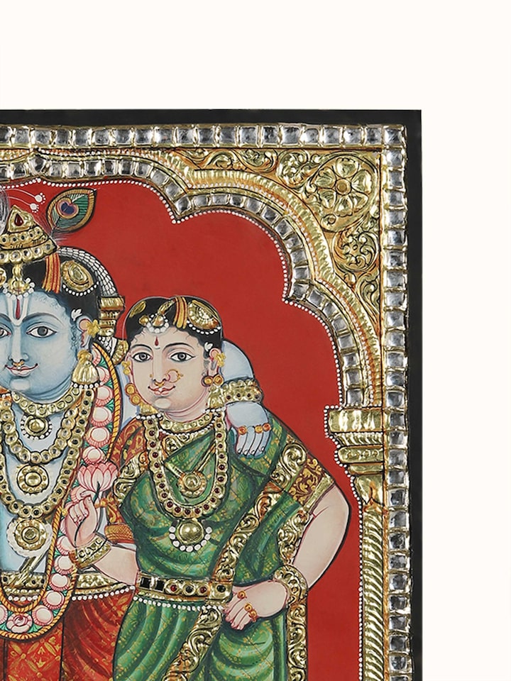 Rear detail view of the Krishna Bama Rukmani Thanjavur Painting