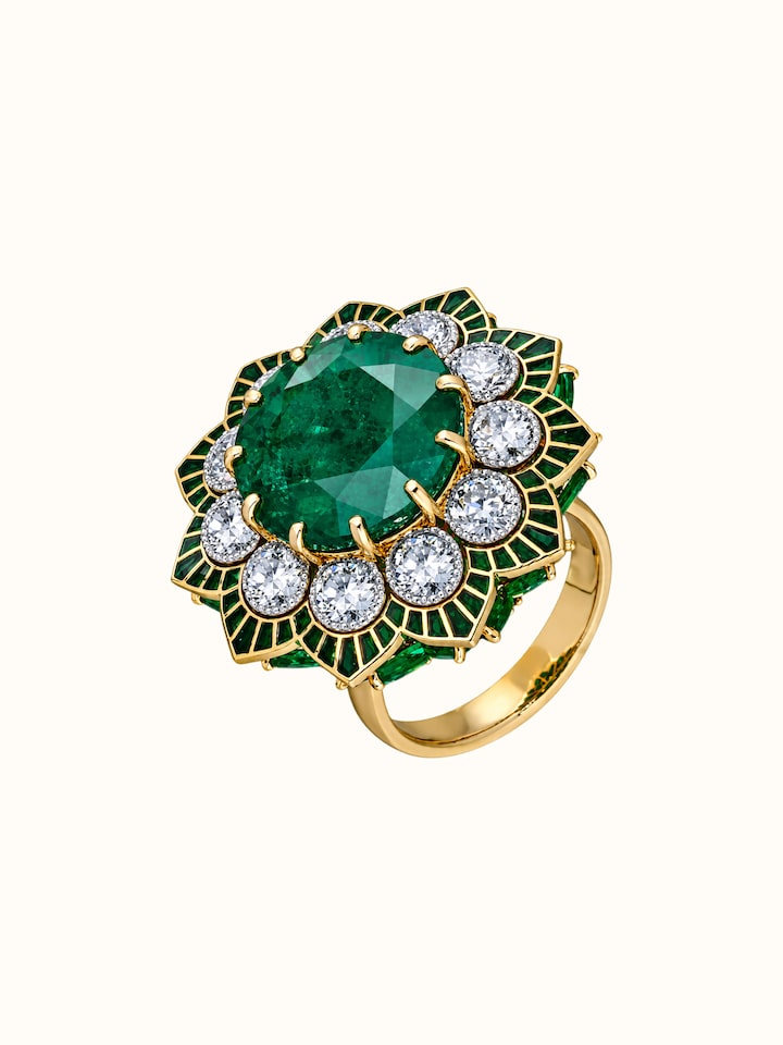 Close-up view of Open Setting 18 Karat Yellow Gold Ring with Diamonds and Emeralds highlighting the stone setting and metalwork detail, from a diff...