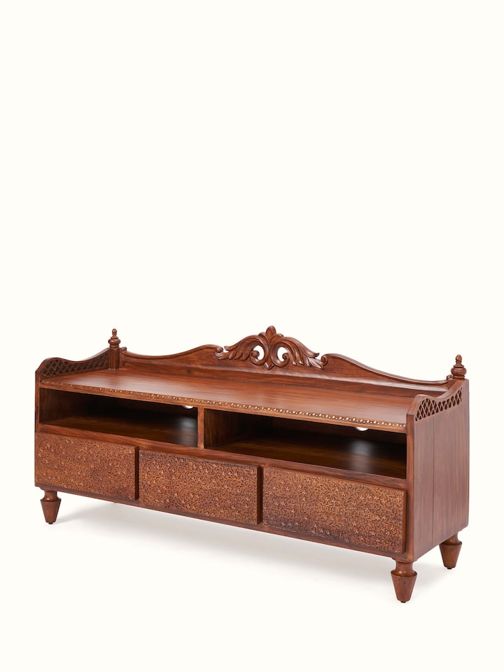 Front view of Carved Sheesham Wood Entertainment Unit showing the front design and silhouette, in an alternate close-up