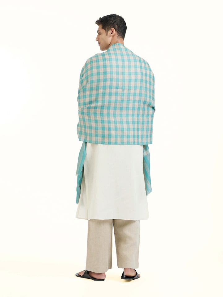 Back view of aqua cashmere stole displaying overall design