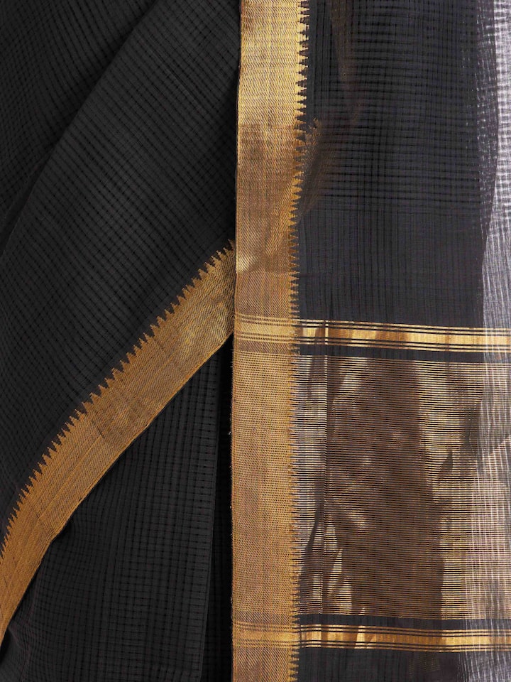 Detailed view of Black Cotton Blend Mangalgiri Saree focusing on the fine craftsmanship and texture