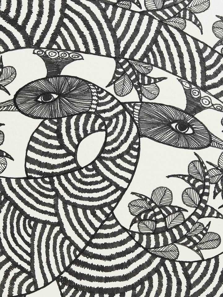 Detail view of the Silent Conversation Gond Art