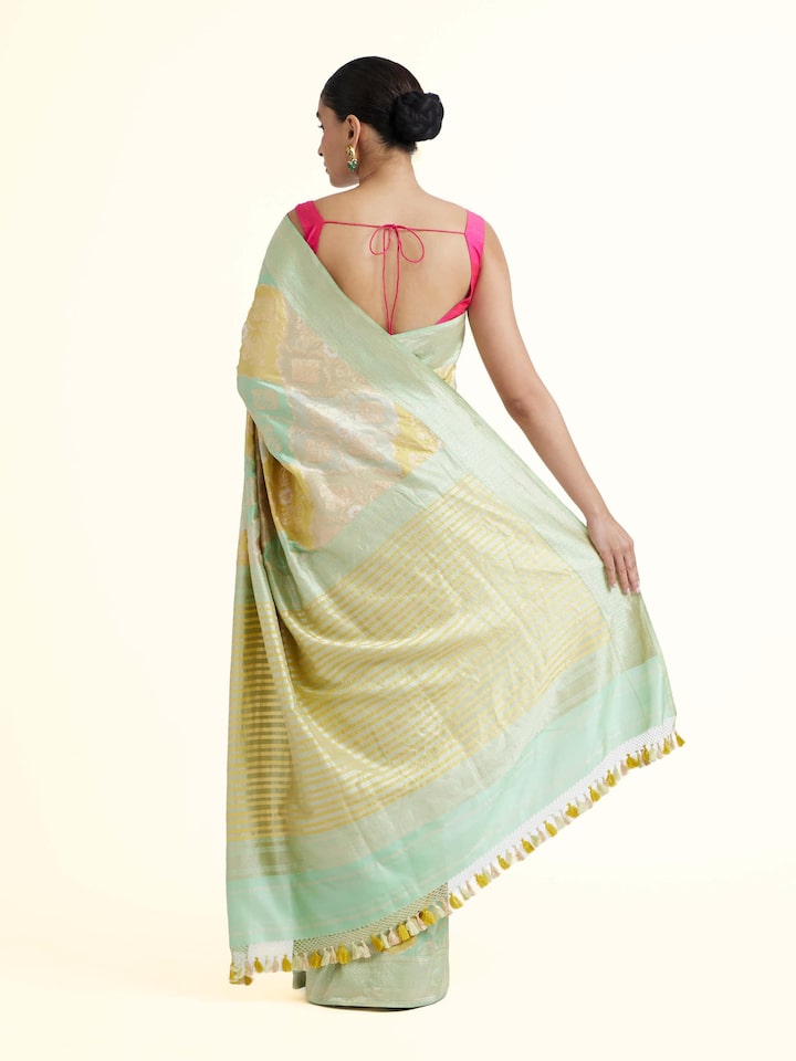Back view of Silk Rangkat Banarasi Saree showing the pleats and finish