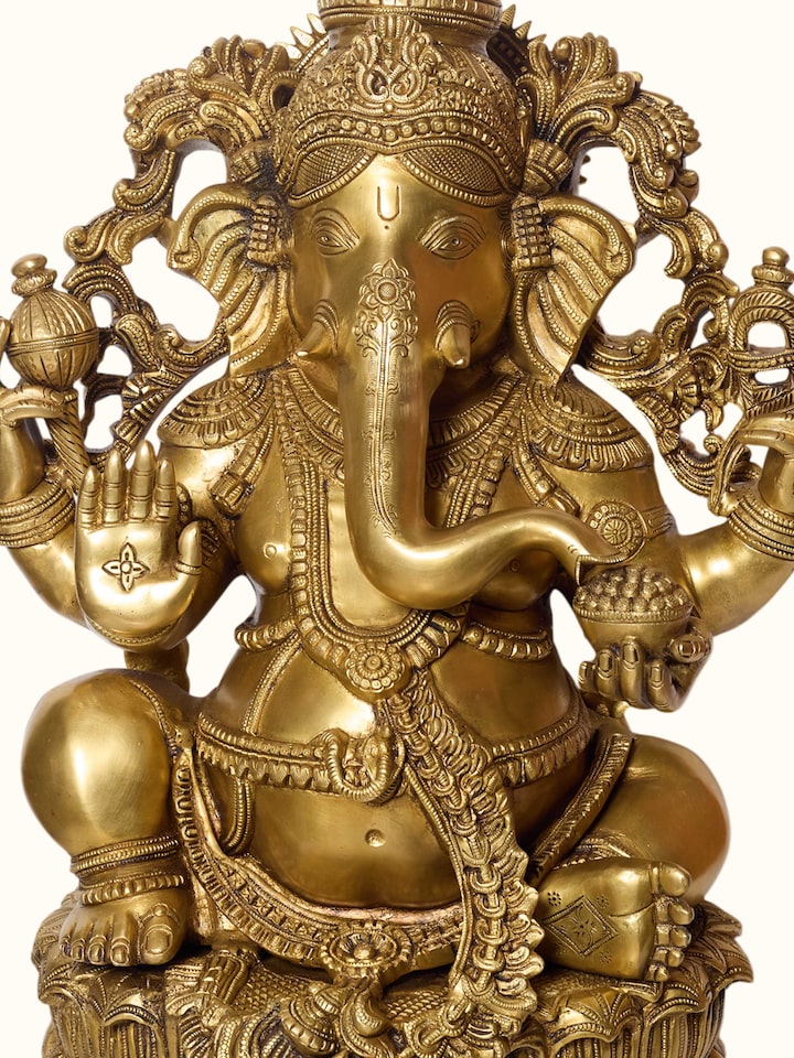 Front view of Brass Ganesha Lotus Sitting Idol showing the front design and form, from a different angle