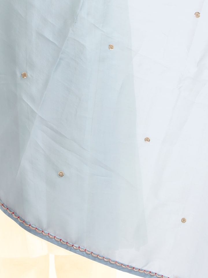 Detailed view of Powder Blue Zardozi Hand Embroidered Dupatta focusing on the fine craftsmanship and texture