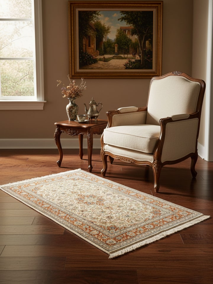 Traditional Persian ivory Kashan Kashmir silk hand-knotted carpet with detailed pattern, close-up view