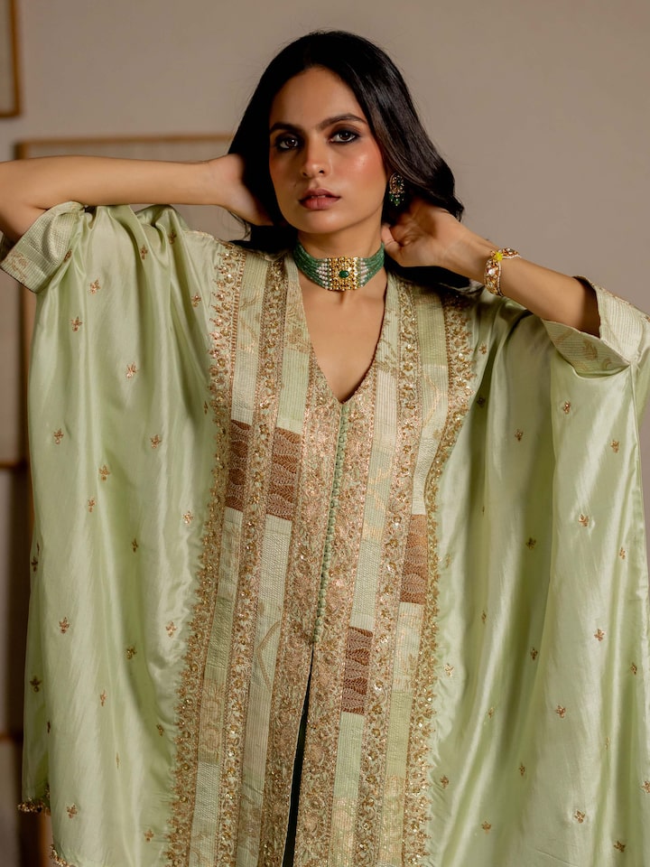 Side view of the Mint Green Silk Hand Embroidered Patchwork Co-ord Set (2 Pcs)