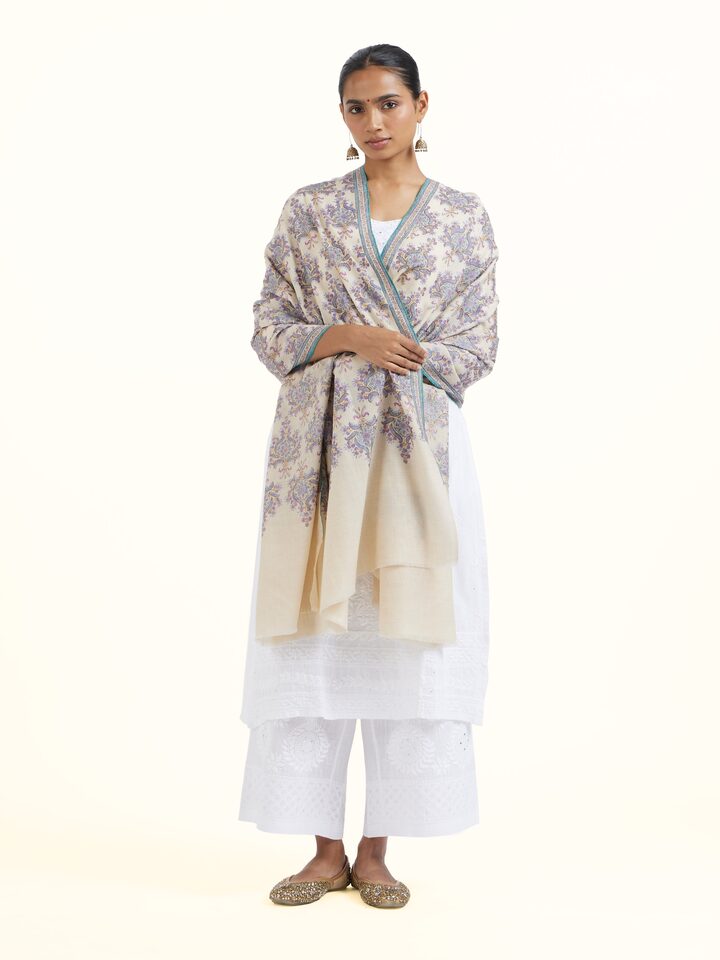 Front view of Off-white Sozni Hand Embroidered Shawl showcasing its traditional craftsmanship and design