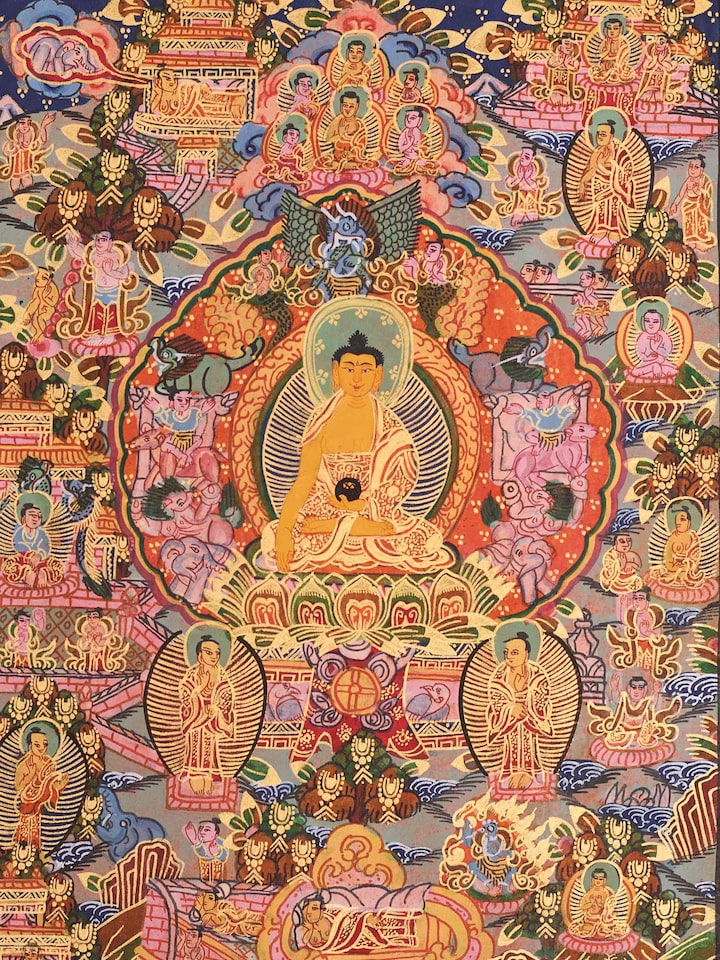 Detail view of the Buddha Life Story Thangka Painting