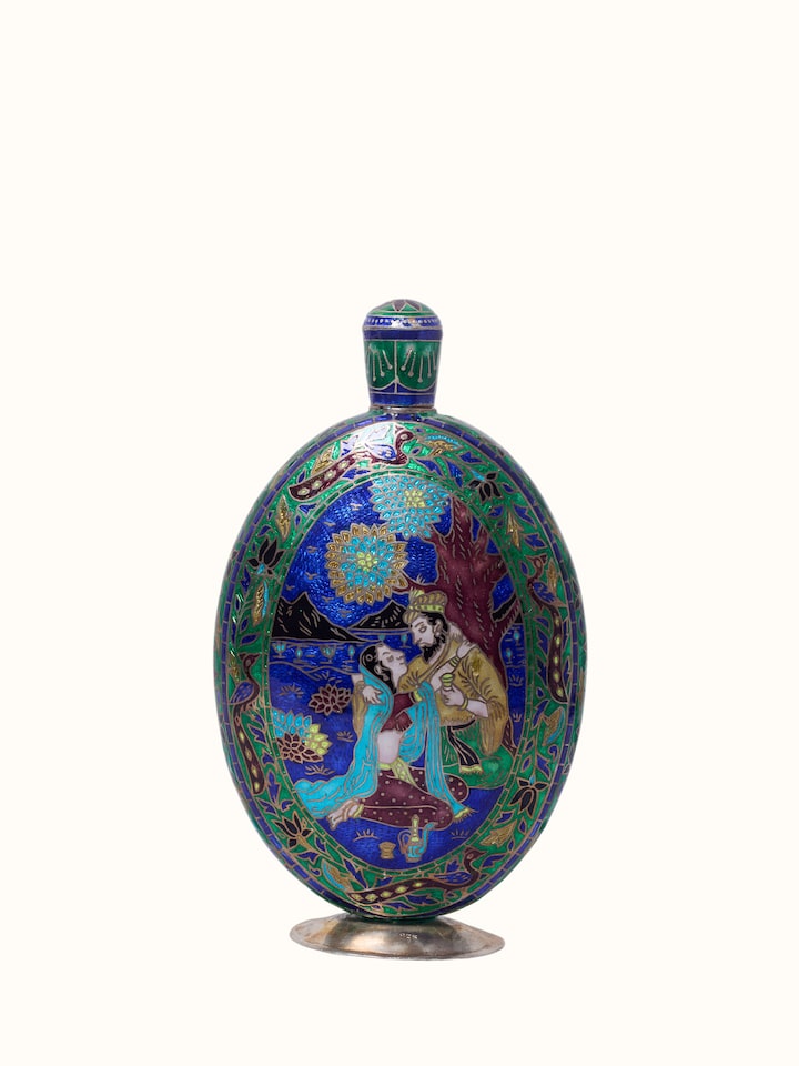 Front view of Enamelled Silver Flask showing the front design and form