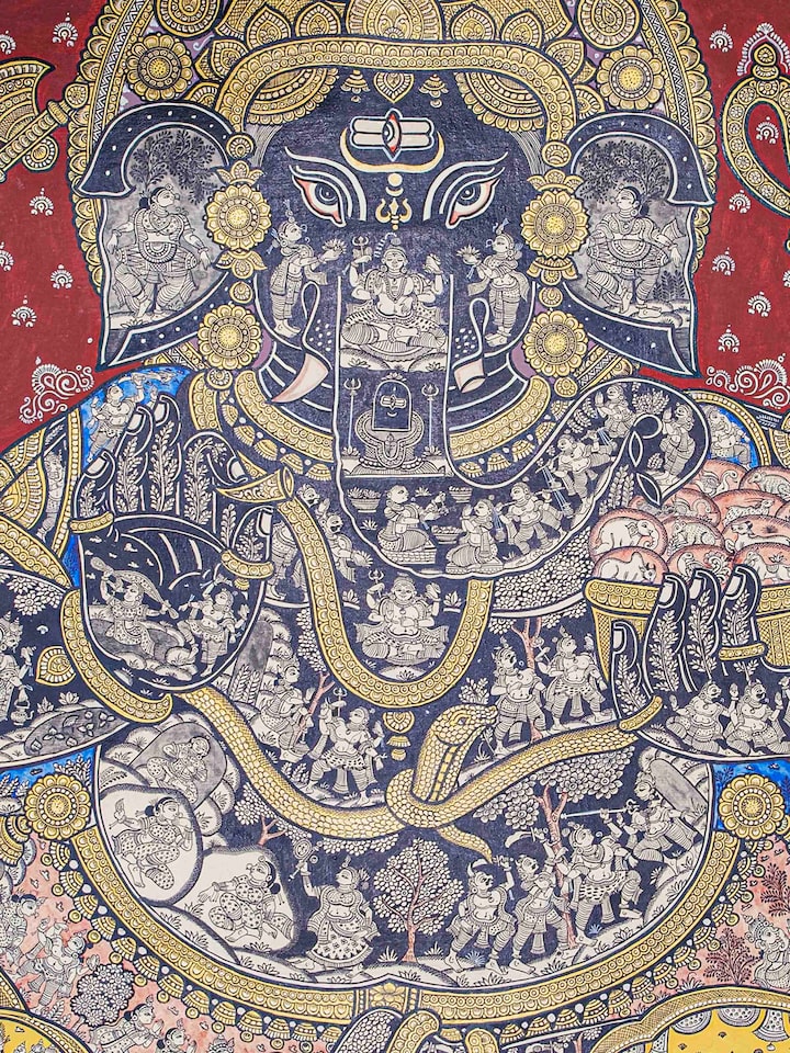 Detail view of Ganesha Pattachitra Painting highlighting the intricate linework and detail