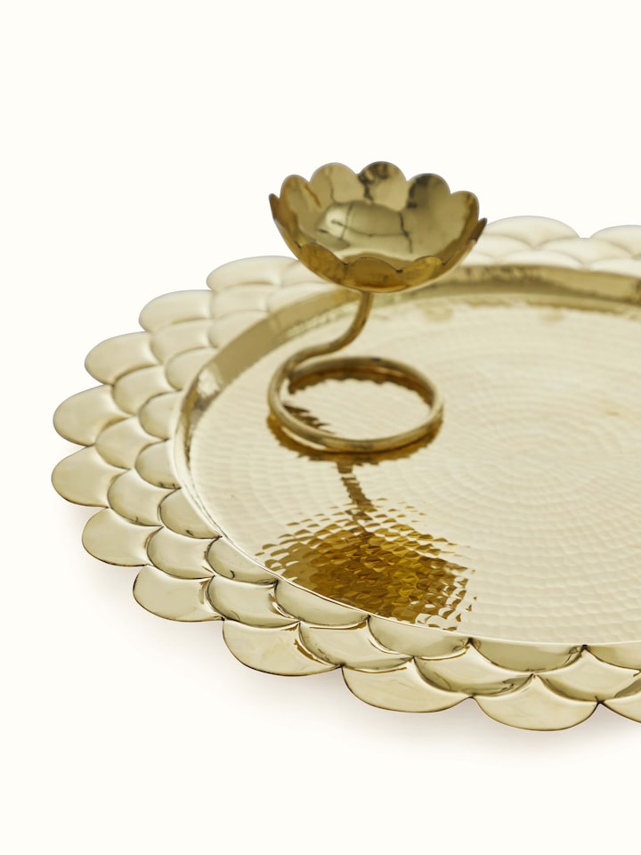 Detailed view of Polished Brass Pooja Thali Set (3 Pcs) highlighting fine carving and polished texture.