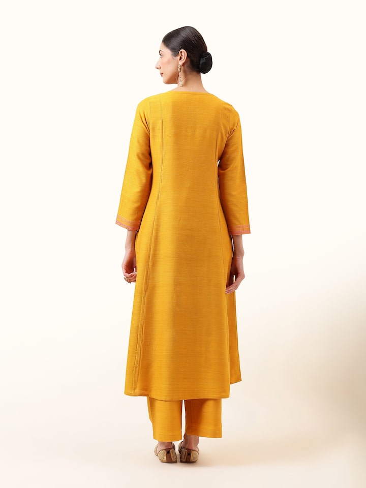 Mustard Silk Crewel Embroidered A-Line Kurta