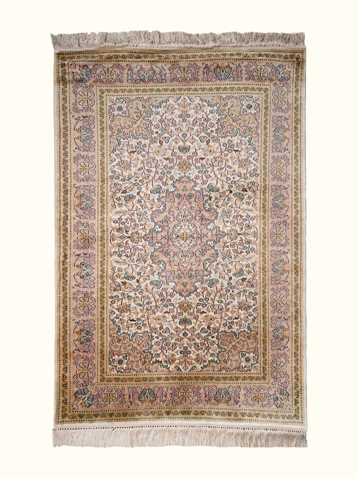 Front view of Traditional Persian Ivory Kashan Kashmir Silk Hand-Knotted Carpet showing the full rug and pattern layout