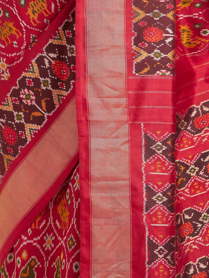 Draped detail view of the Mulberry Silk Pochampally Ikat Handloom Saree