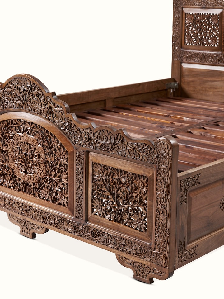 Detail view of Carved Walnut Wood Queen-size Bed highlighting the woodwork and finish detail, in an alternate close-up