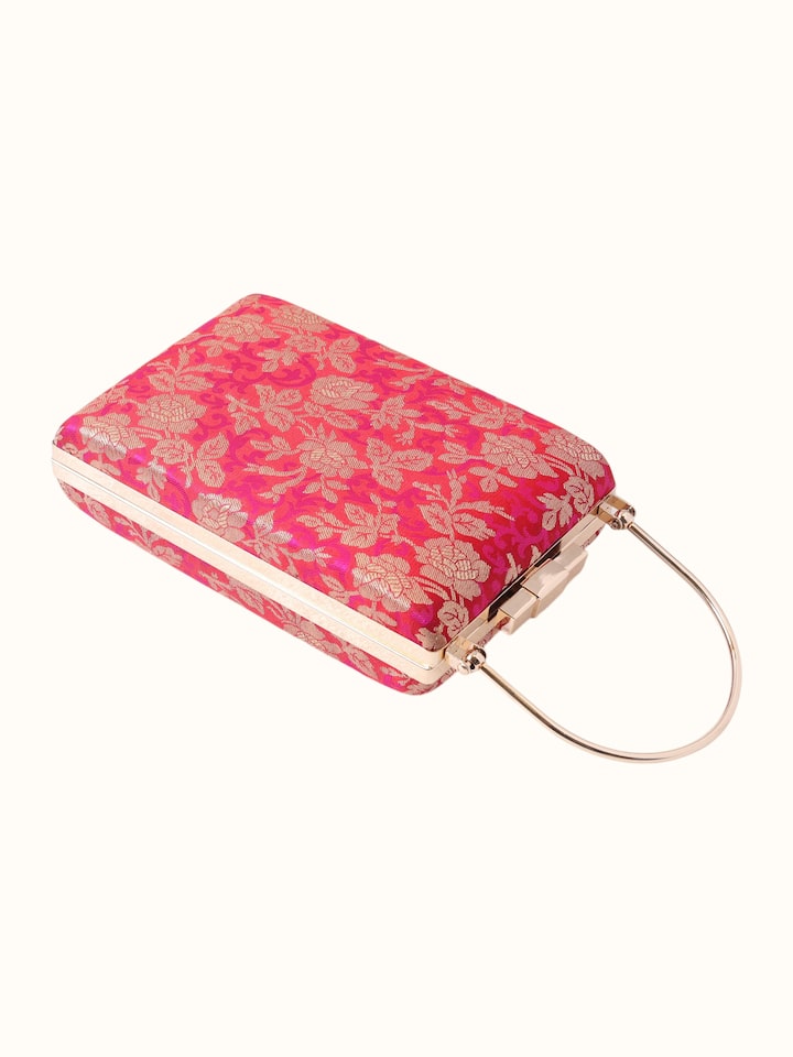 Close-up view of Pink Banarasi Silk Handbag highlighting the fabric weave and craftsmanship