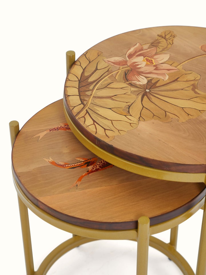 Detail shot of Aluminium Marquetry Nesting Table