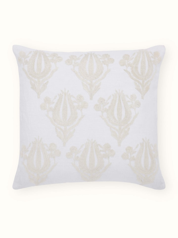 Razza Ivory Buta Linen Kashmiri Kashmir Chain Stitch Hand Embroidery Cushion Cover
