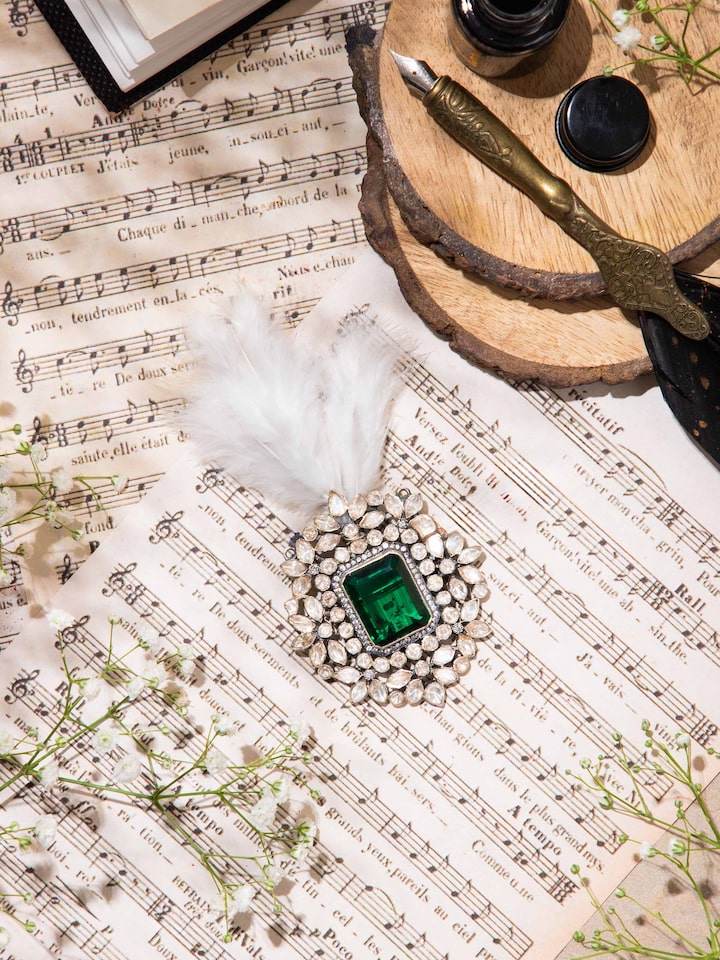 Styled detail view of Silver Smithing Brooch Pin pinned onto fabric, shown in an alternate styled shot