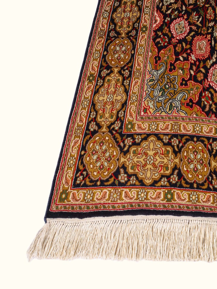 Top view of the Traditional Persian Black Ochre Ardebil Kashmir Silk Hand-Knotted Carpet