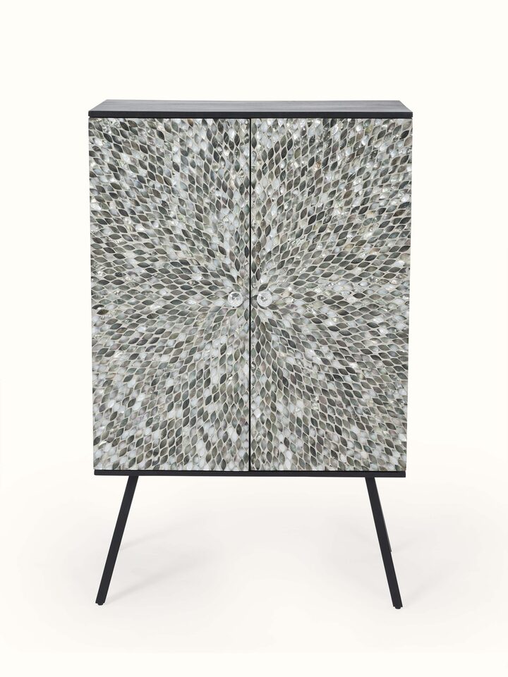 Front view of the mango wood bar cabinet with intricate mother-of-pearl inlay, highlighting its elegant design and detailing