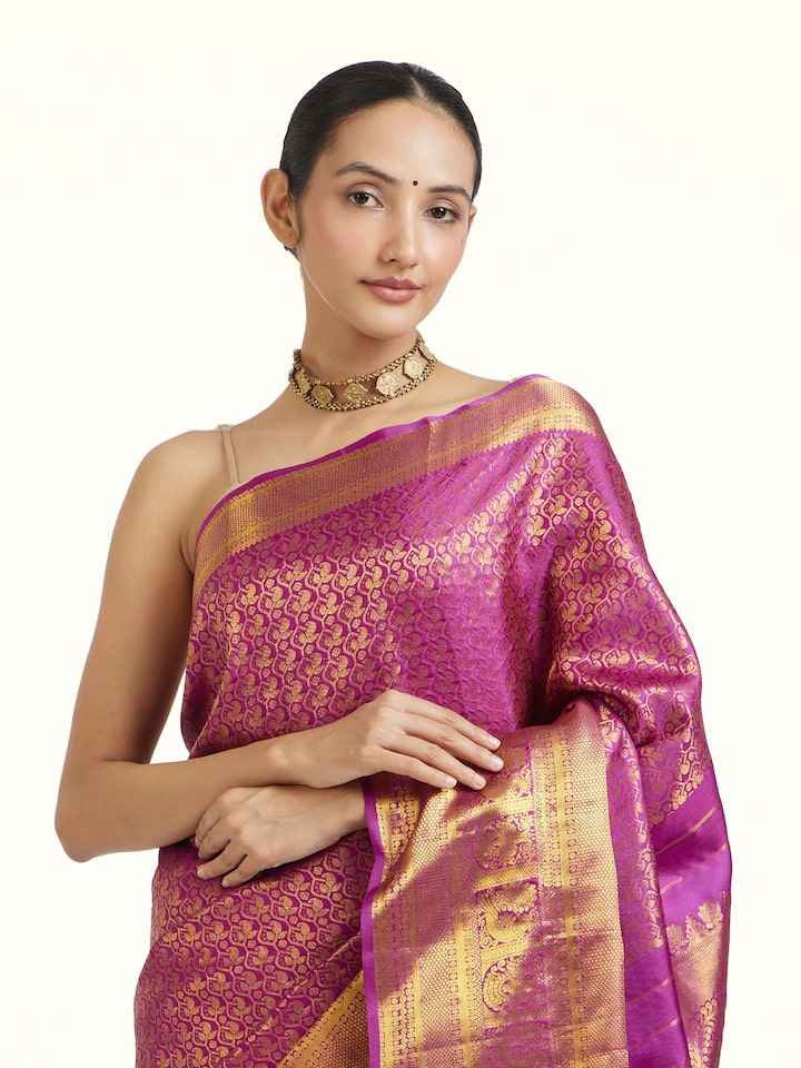 Angled view of the Majenta Silk Handloom Zari Saree